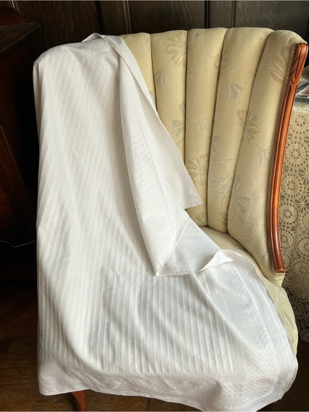 Vintage linen White work striped Tablecloth with decorative border 43 in square.